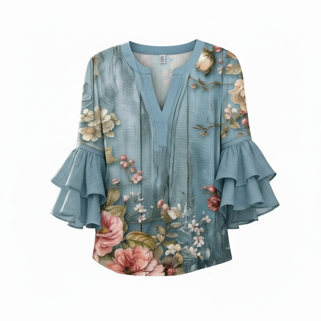 Light blue floral print V-neck blouse with tiered ruffle sleeves, relaxed fit