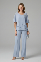 Women’s blue layered top and straight-leg trousers set, short flared sleeves