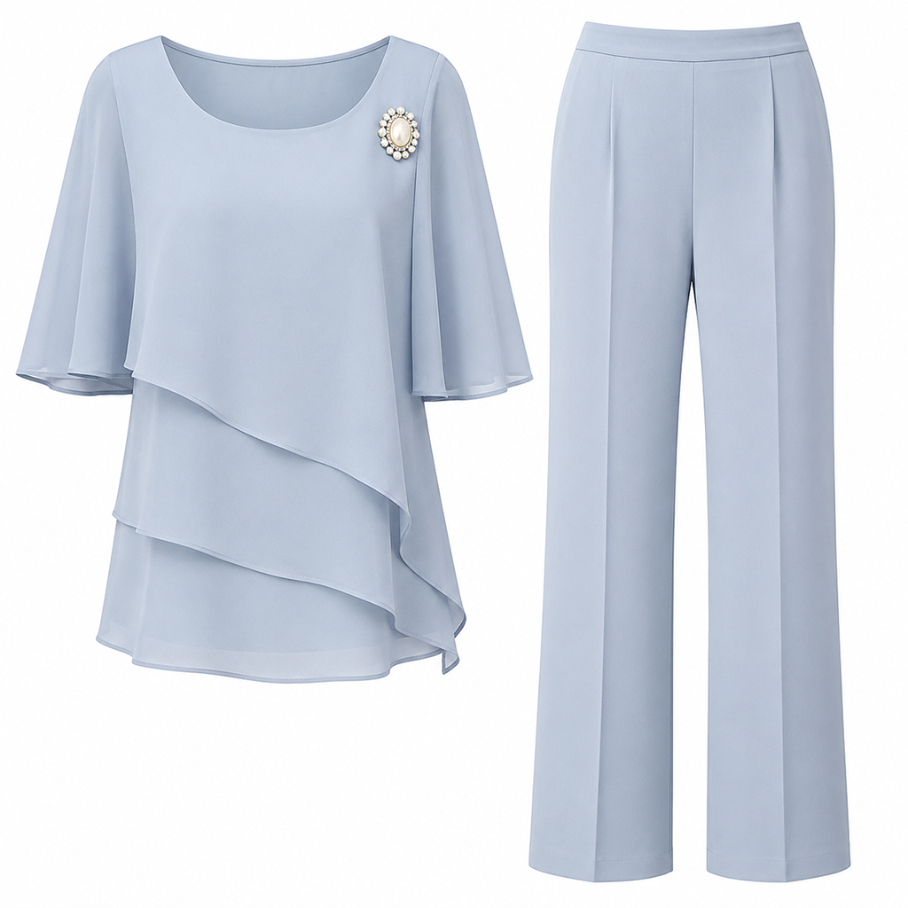 Light blue two-piece top and trousers set: layered round-neck top with flared sleeves