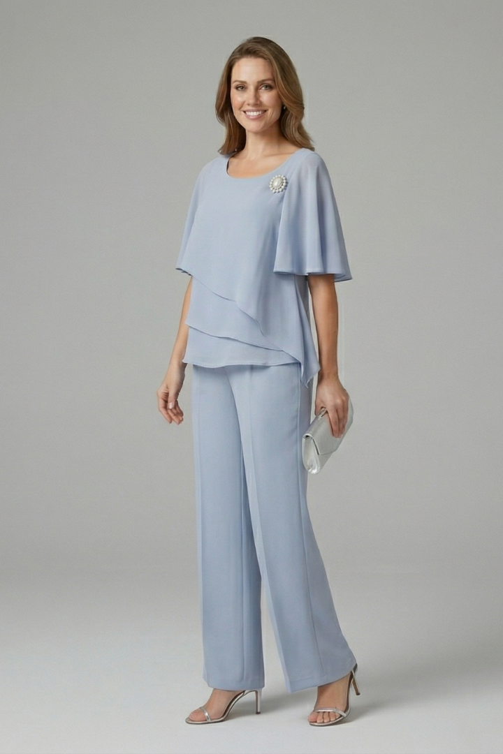 Women’s blue layered top and straight-leg trousers set, layered asymmetric hem