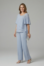 Women’s blue layered top and straight-leg trousers set, layered asymmetric hem