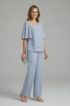 Women’s blue layered top and straight-leg trousers set, round neck with flared sleeves