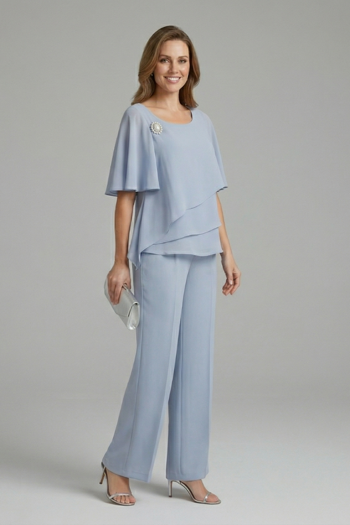 Women’s blue layered top and straight-leg trousers set, round neck with flared sleeves