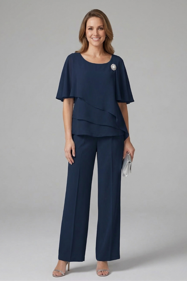 Women’s navy layered top and straight-leg trousers set, round neck with flared sleeves