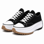 Women's platform lace-up trainers, black leather-canvas upper, white toe cap, cushioned sole