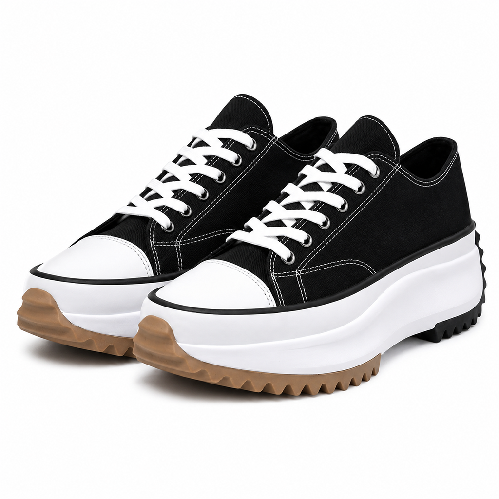 Women's platform lace-up trainers, black leather-canvas upper, white toe cap, cushioned sole