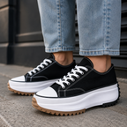 Women’s black platform leather canvas trainers, white lace-up, cushioned textured sole