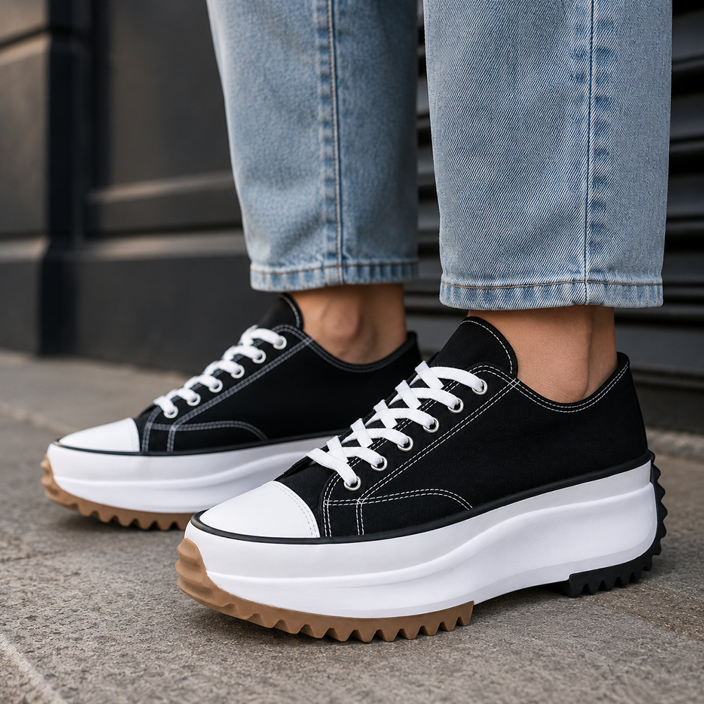 Women’s black platform leather canvas trainers, white lace-up, cushioned textured sole