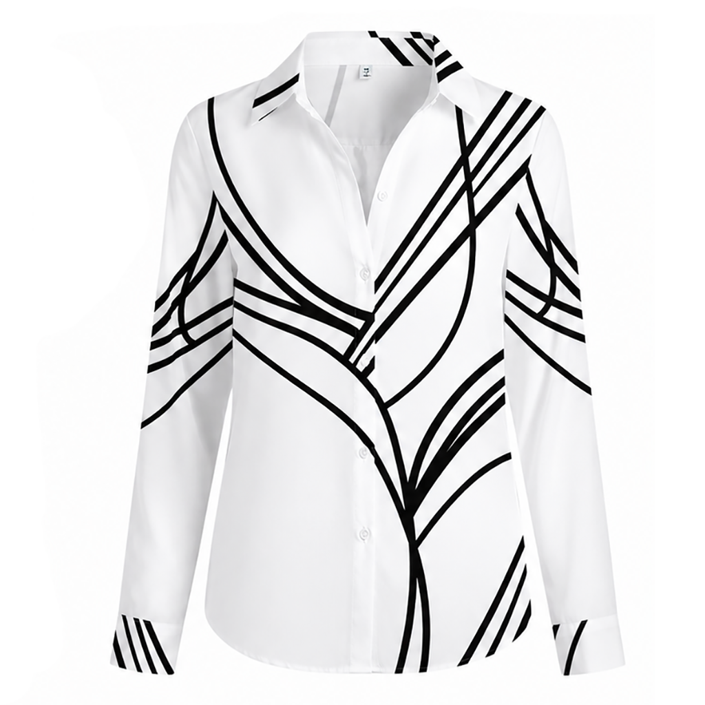 White V-neck button blouse with long sleeves and abstract black stripe print