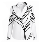 White V-neck button blouse with long sleeves and abstract black stripe print