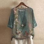 Women’s green floral print blouse, short sleeves, round neck, relaxed fit