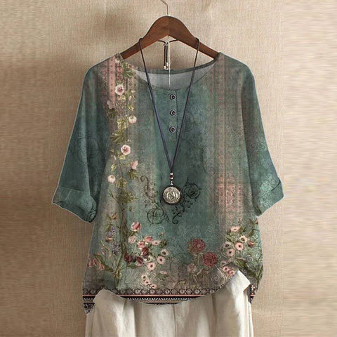 Women’s green floral print blouse, short sleeves, round neck, relaxed fit