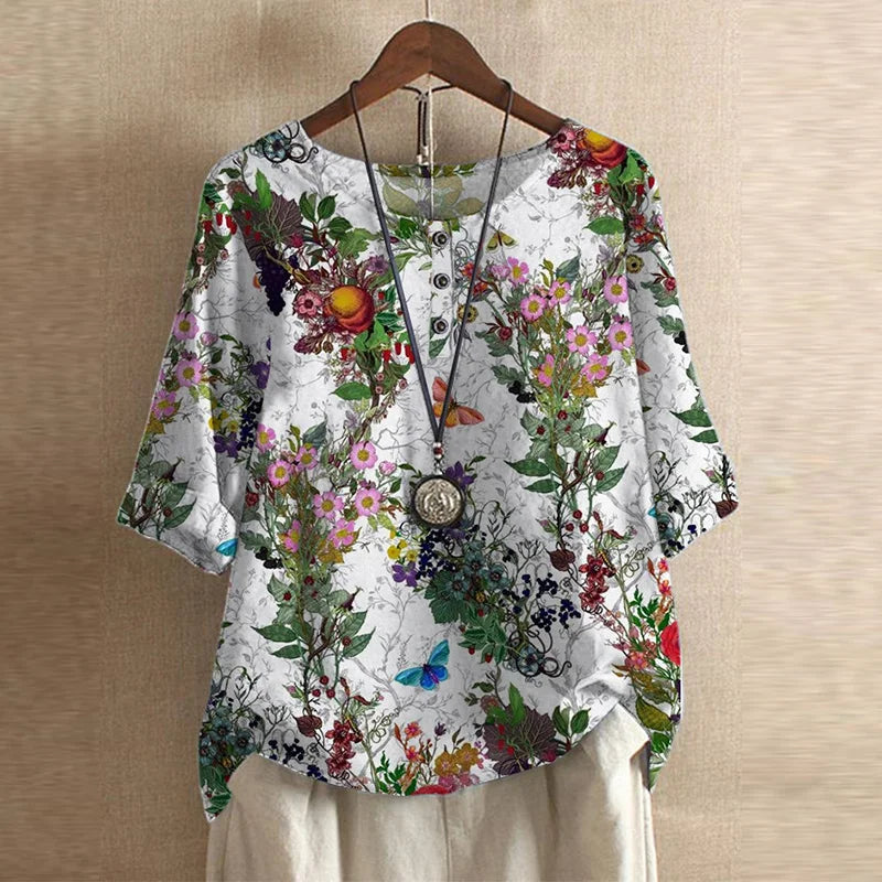 Women’s white botanical floral print blouse, short sleeves, round neck