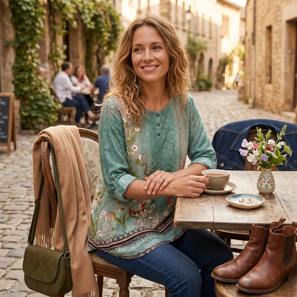 Women’s teal floral blouse, round neck, three-quarter sleeves with button placket.
