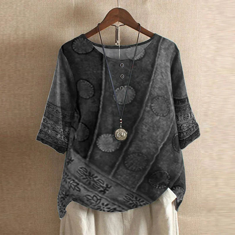 Women’s dark grey blouse with abstract circle pattern, short sleeves, round neck