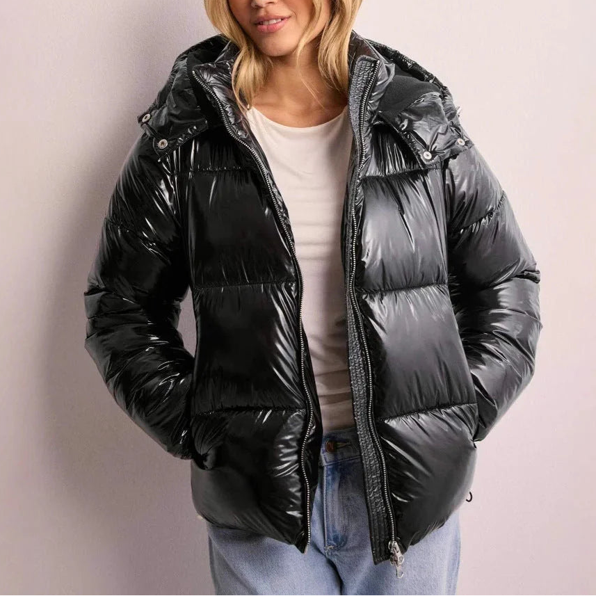 Women’s hooded quilted puffer coat, black, full-zip front with adjustable drawcord hood