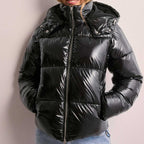 Women’s hooded quilted puffer coat, black, front zipper and snap-detail hood