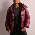 Women’s hooded quilted puffer coat, maroon, full-zip with buttoned hood edge