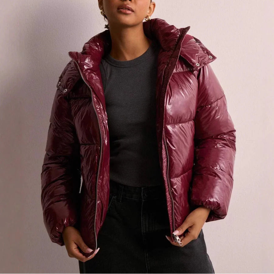 Women’s hooded quilted puffer coat, maroon, full-zip with buttoned hood edge