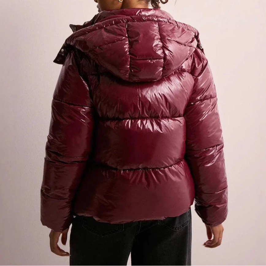 Women’s hooded quilted puffer coat, maroon, back view with hood and ribbed quilting