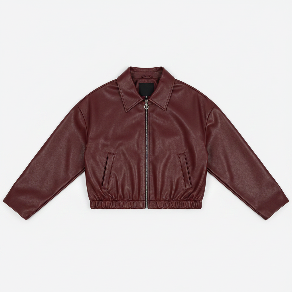 Women's Cropped Zip Leather Jacket Oversized Pointed Collar Relaxed Fit