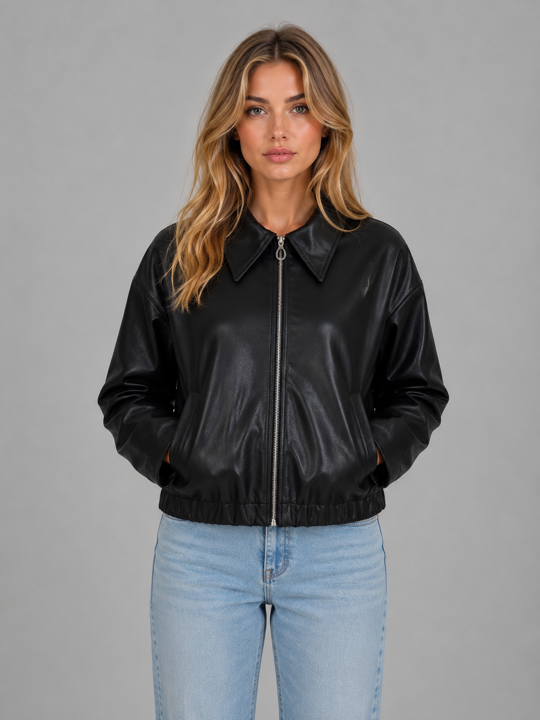 Black leather zip-up jacket with pointed collar, relaxed cropped fit, side pockets