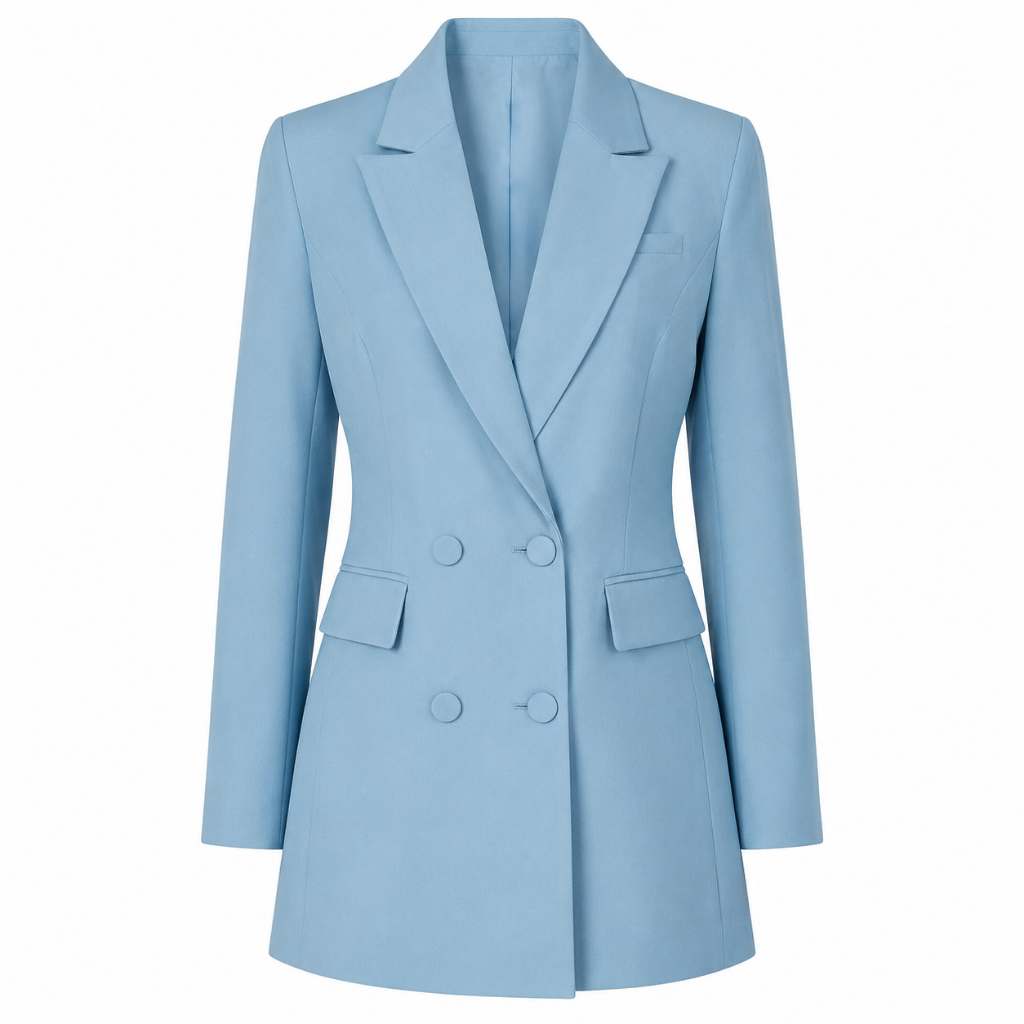 Light blue tailored long blazer with double-button front and notched lapels, long sleeves