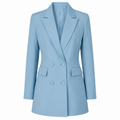 Light blue tailored long blazer with double-button front and notched lapels, long sleeves