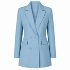 Light blue tailored long blazer with double-button front and notched lapels, long sleeves