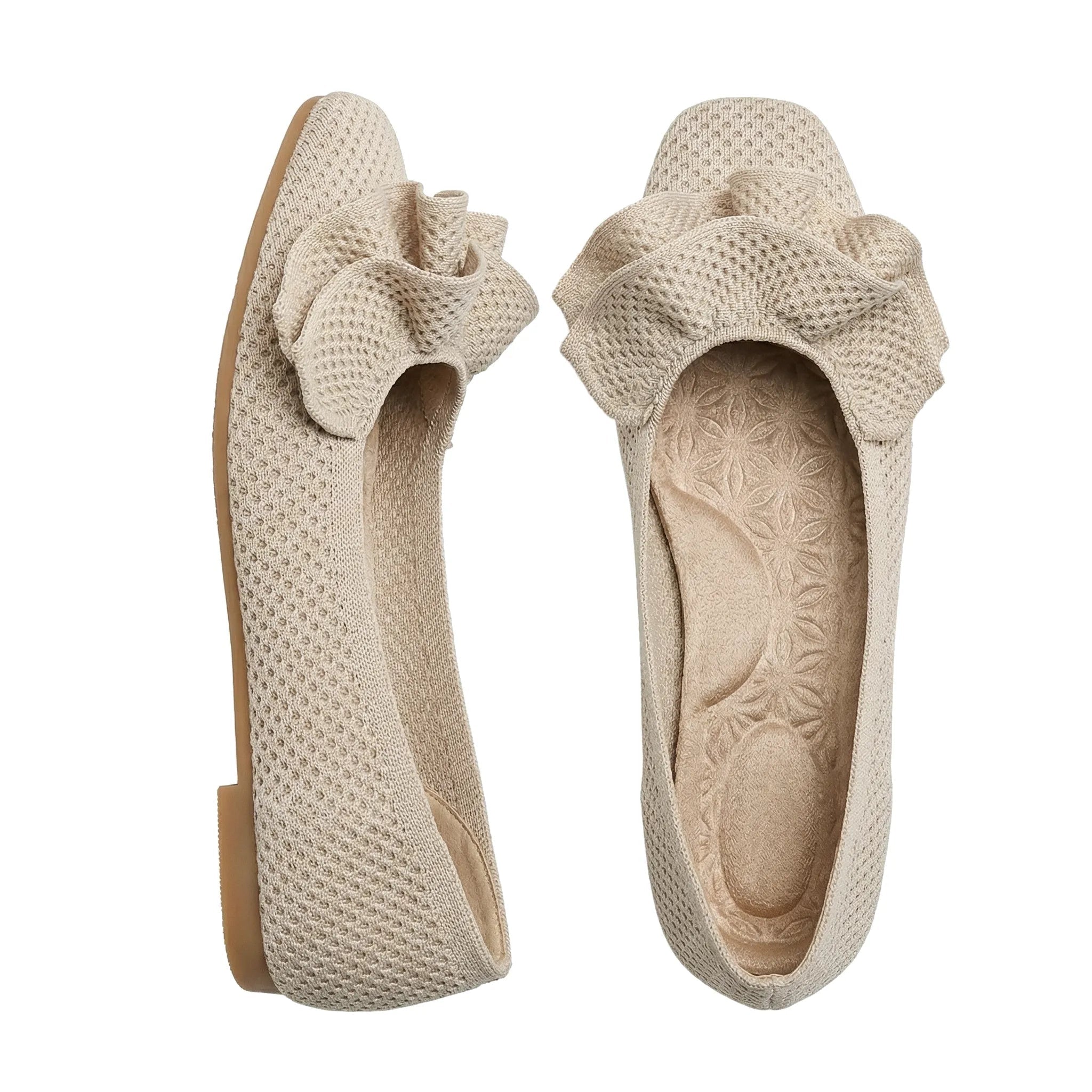 Light beige wide-fit slip-on knit shoes with arch support, side and insole view