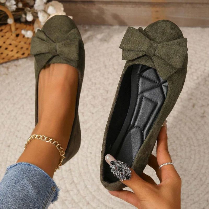 Wide fit cushioned ballet flats in dark green faux suede with bow detail