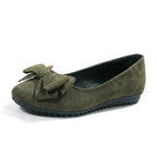 Wide fit cushioned ballet flats in dark green faux suede, side view with bow
