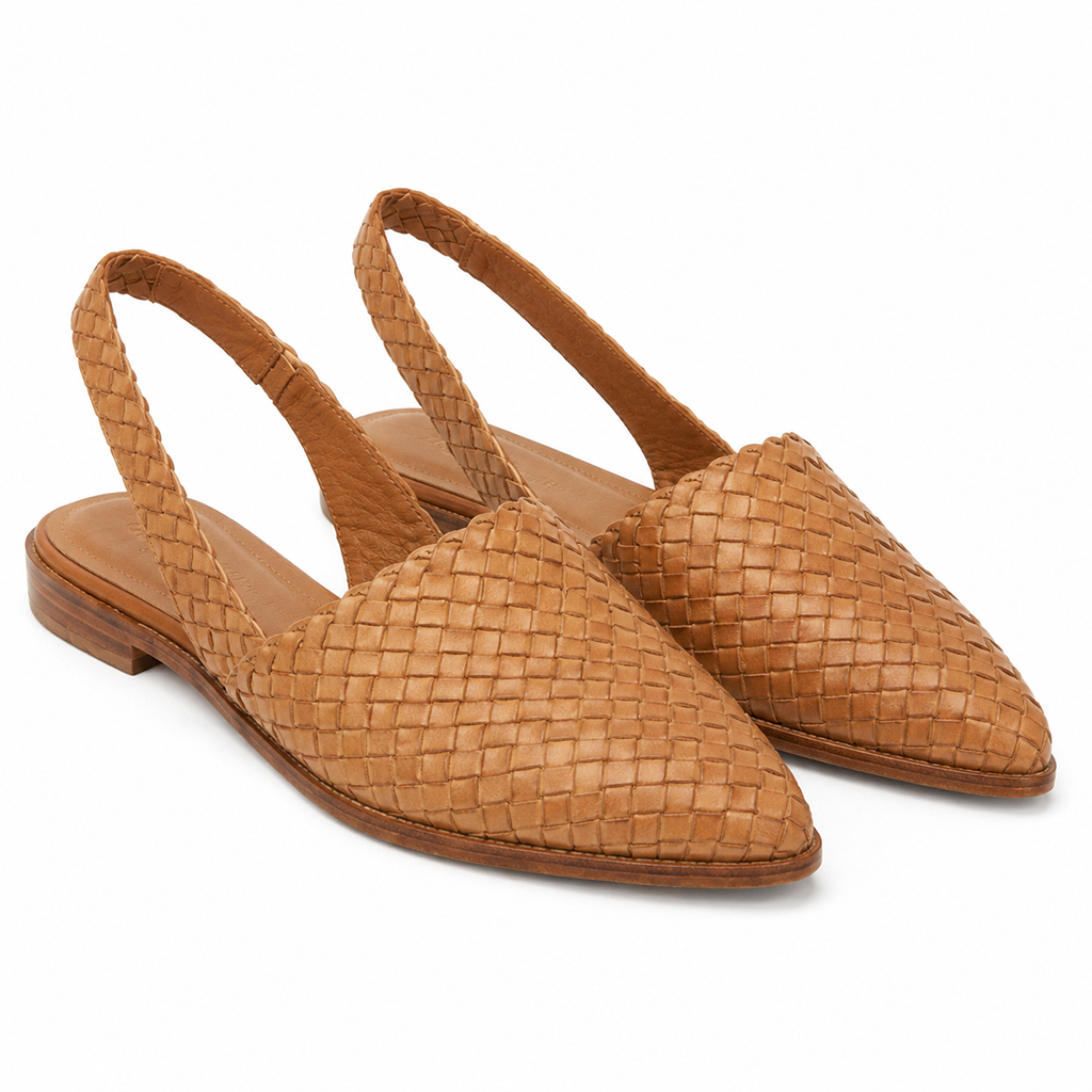 Woven flat slip-on mules, open heel, light brown with cushioned footbed
