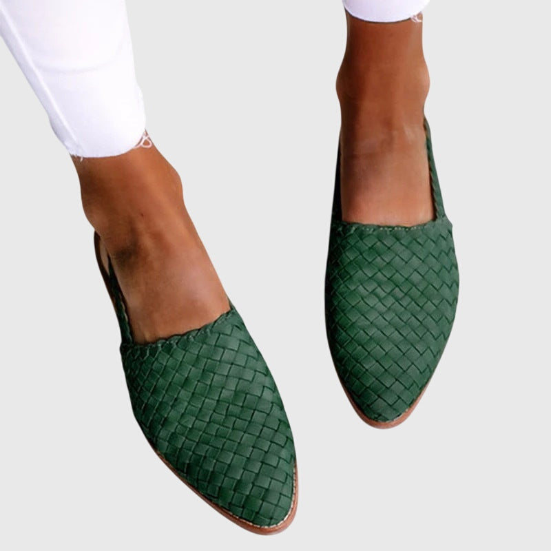 Woven orthopedic mule, flat slip-on with pointed toe in green