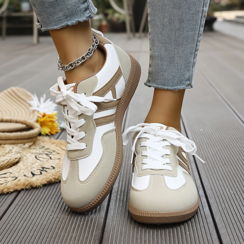 Women’s khaki and white lace-up sneakers with contrast trim and white laces