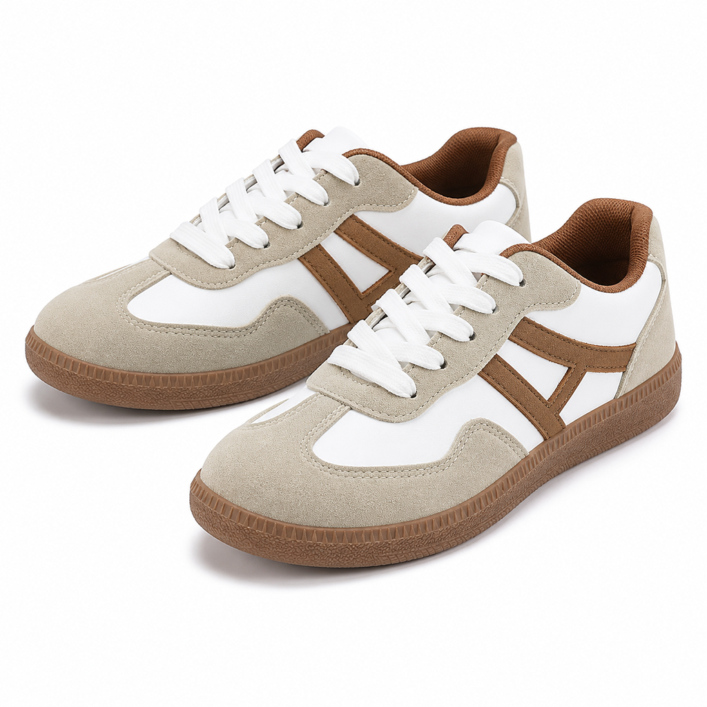 Women’s low-top lace-up panel sneakers, white laces with khaki and brown contrast