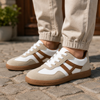 Women's khaki & white lace-up low-top sneakers with brown contrast panels