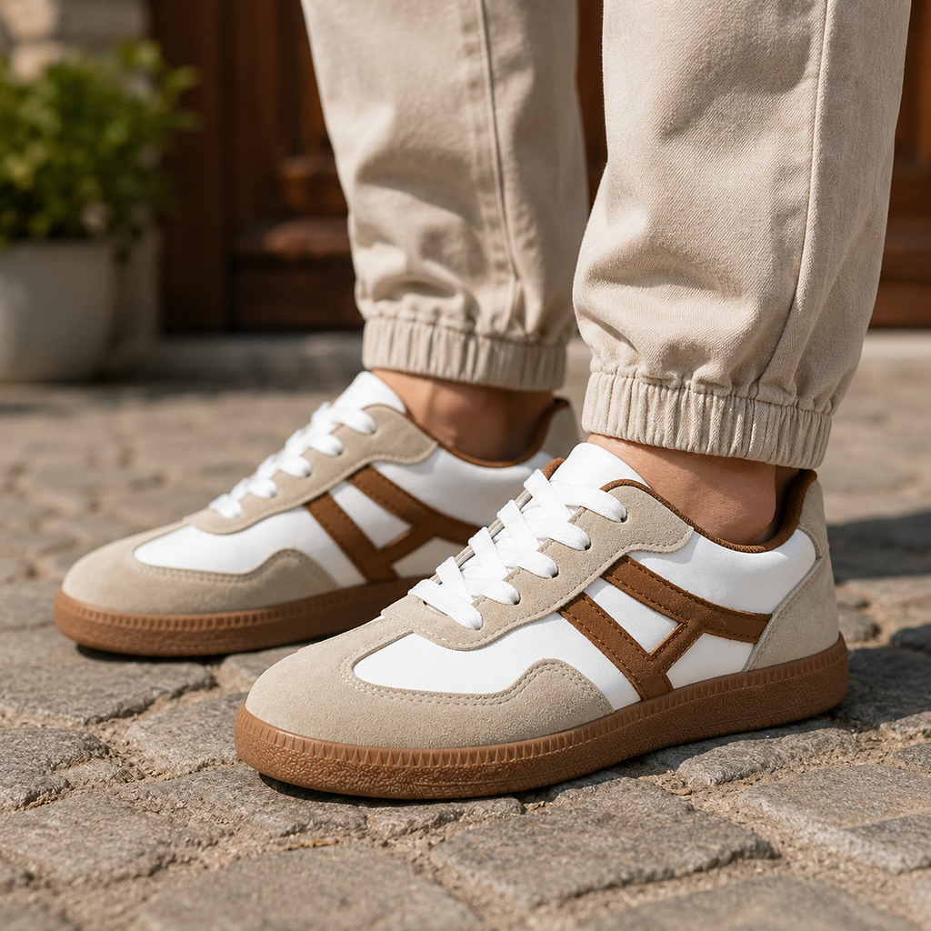 Women's khaki & white lace-up low-top sneakers with brown contrast panels