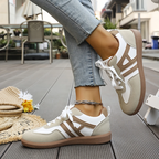 Women’s khaki and white lace-up sneakers, front and side view
