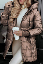Taupe hooded puffer jacket with full zipper, front pockets, and drawstring hood