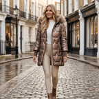 Women's metallic brown hooded puffer jacket with quilted front and faux fur trimmed hood