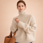 Beige women’s turtleneck sweater with ribbed collar, cuffs, and hem; long sleeves.