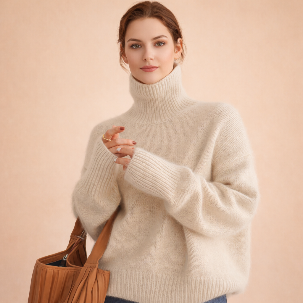 Beige women’s turtleneck sweater with ribbed collar, cuffs, and hem; long sleeves.