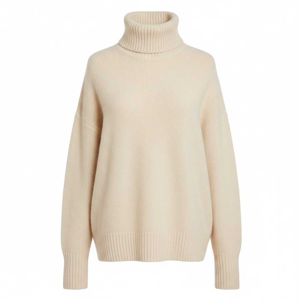 Beige ribbed knit turtleneck sweater, long sleeves and regular fit