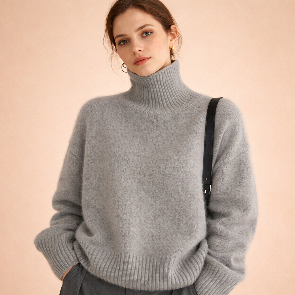 Heather grey women’s turtleneck sweater with ribbed cuffs and hem; long sleeves.