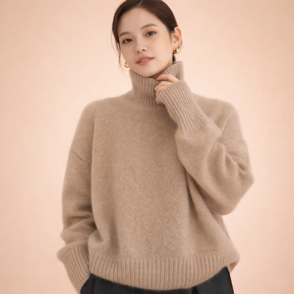Khaki women’s turtleneck sweater with ribbed collar and cuffs; long sleeves.