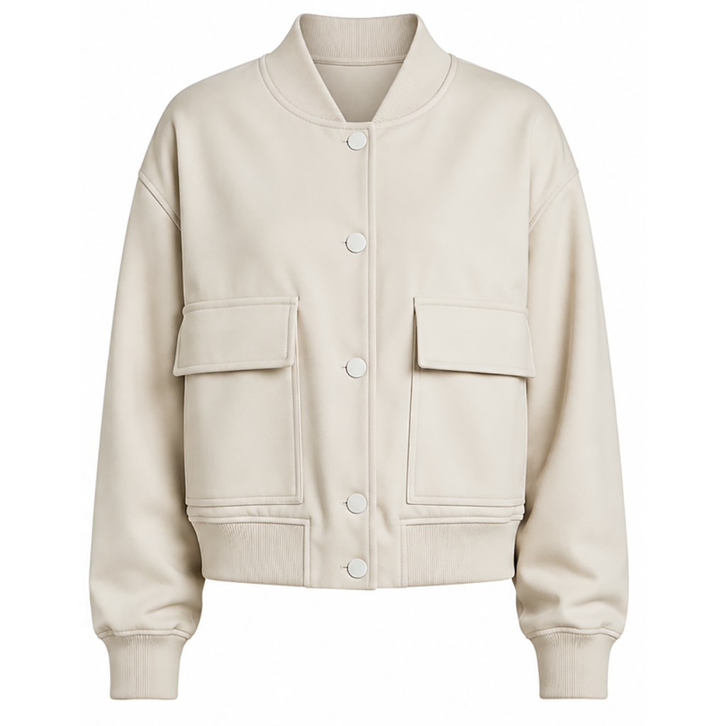 Women’s collared button-front jacket, light cream, flap pockets and ribbed cuffs