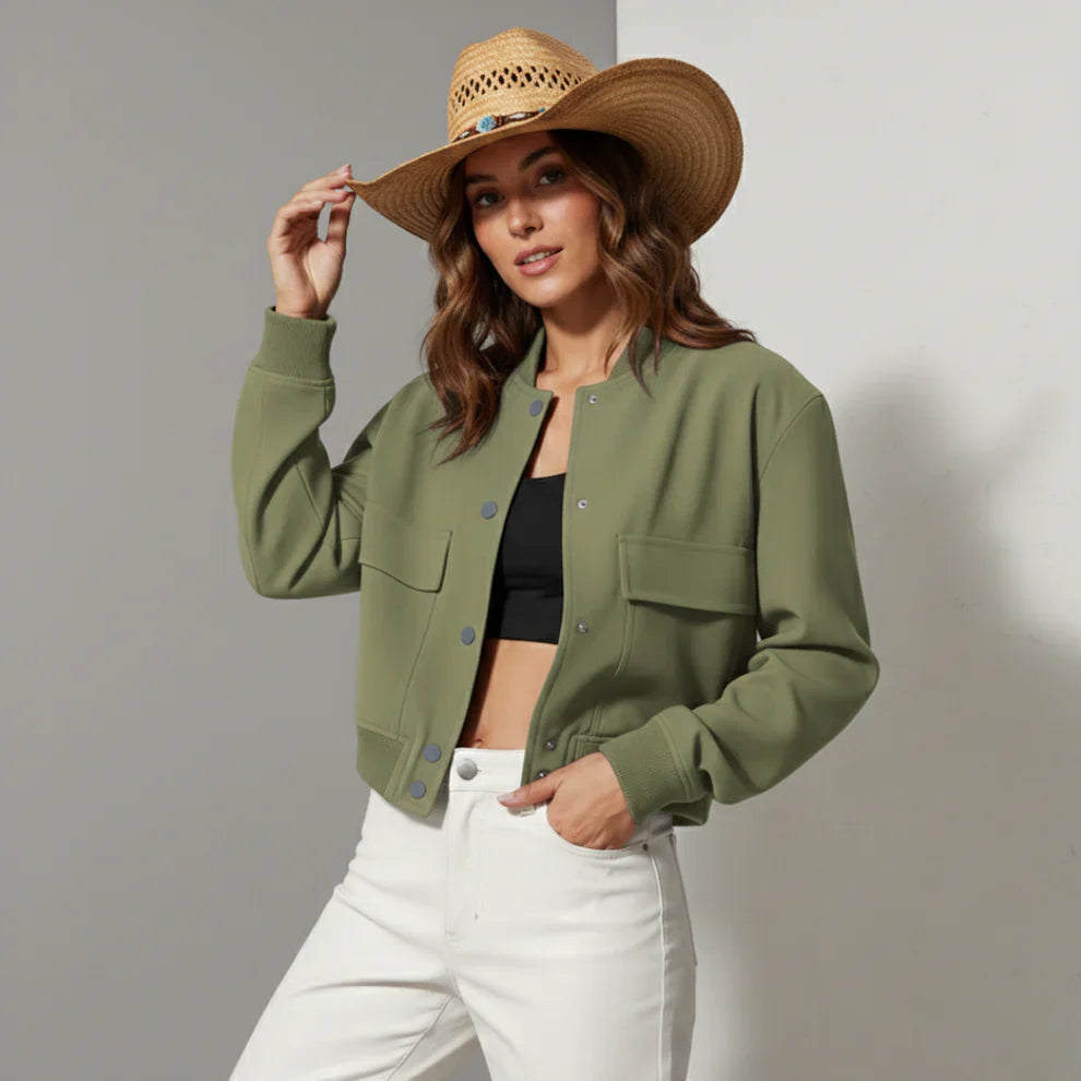 Women’s collared button-front jacket, olive green with chest pockets and long sleeves