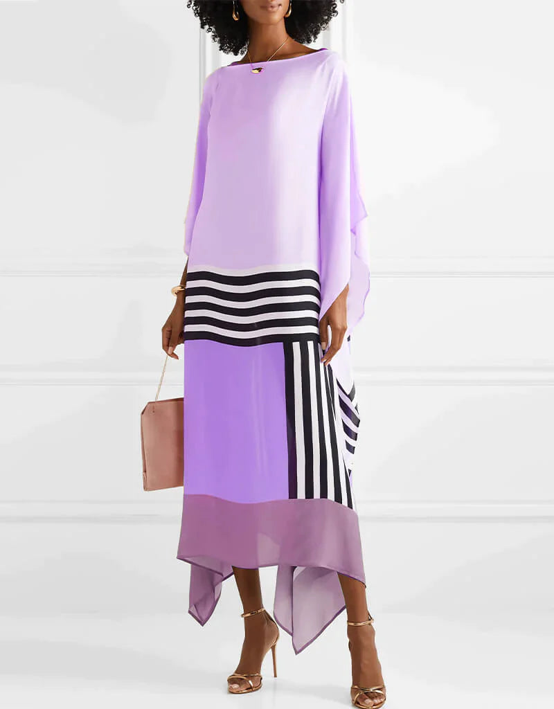 Statement caftan dress in lavender with black-and-white striped panel and flowing sleeve drape
