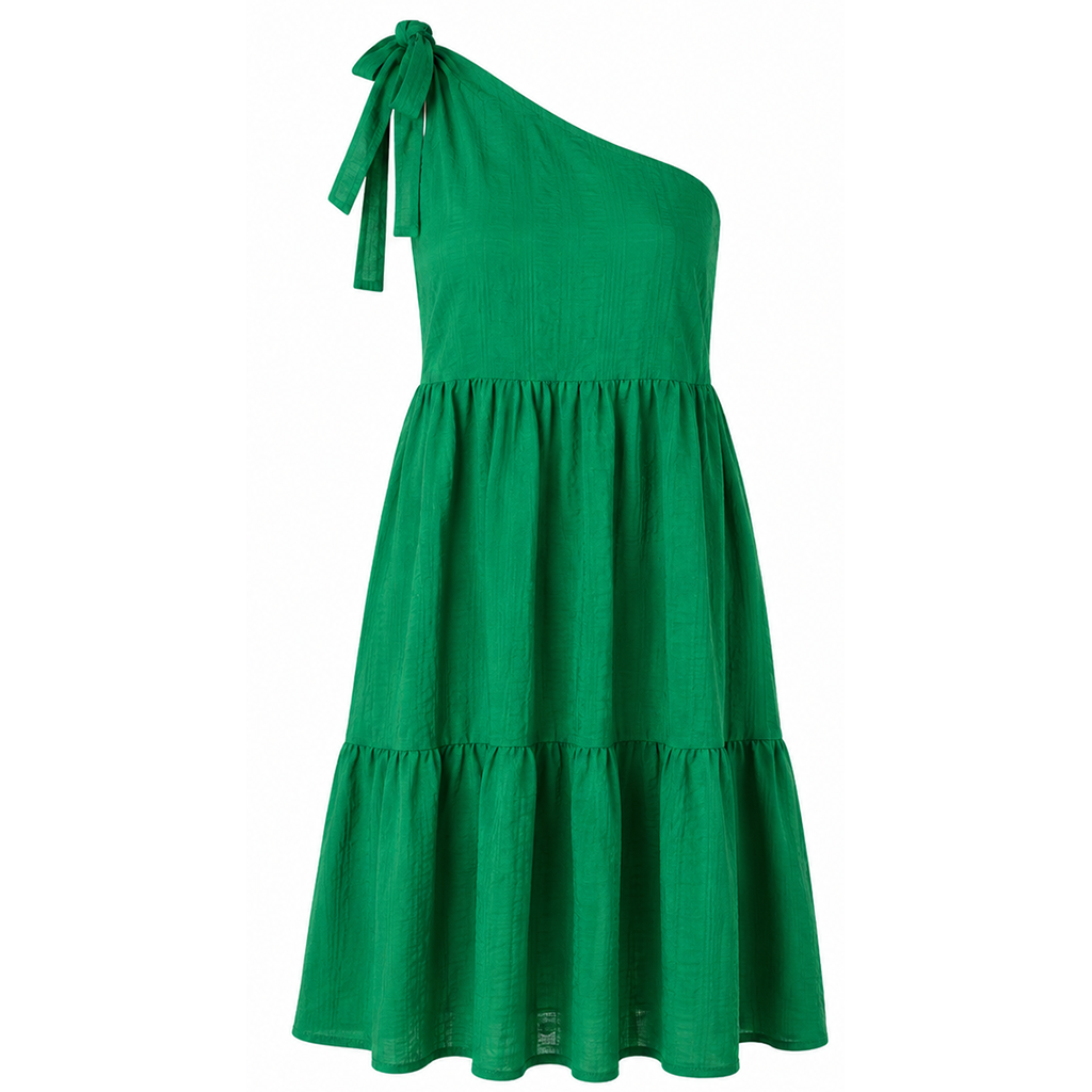 Green one-shoulder knee-length dress with bow tie neckline and tiered skirt